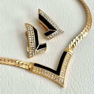 Vintage Christian Dior “V” Rhinestone Pavé Black Enamel Earrings Necklace Set